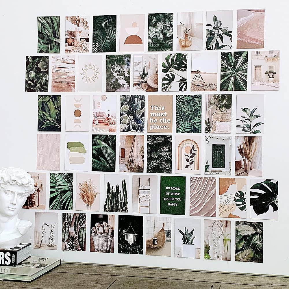 VibeCore Tropical Bohemian Wall Collage Kit on wall featuring 70 aesthetic prints with tropical boho, earthy tones, and minimalist chic elements. Perfect for teen room, dorm room, boho decor, indie, hippie, soft girl, and aesthetic wall decor.