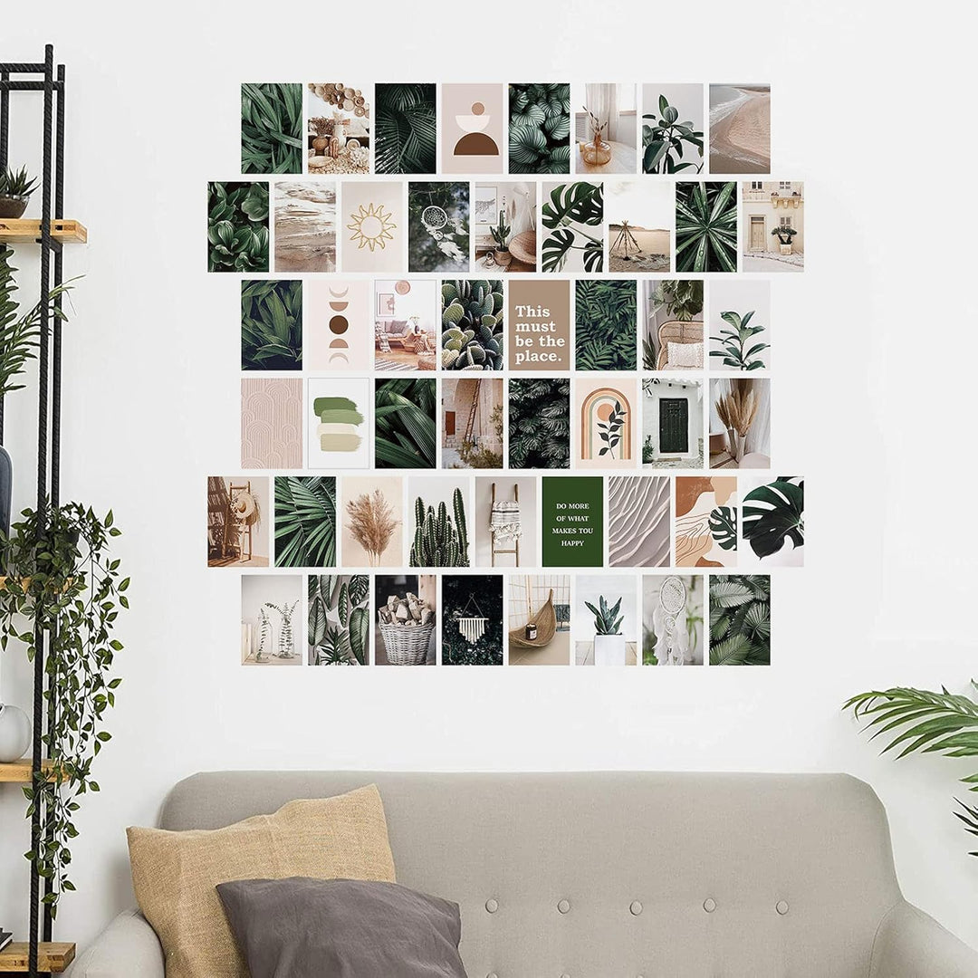 VibeCore Tropical Bohemian Wall Collage Kit on wall above couch featuring 70 aesthetic prints with tropical boho, earthy tones, and minimalist chic elements. Perfect for boho decor, indie, hippie, soft girl, aesthetic wall decor, and trendy living spaces.