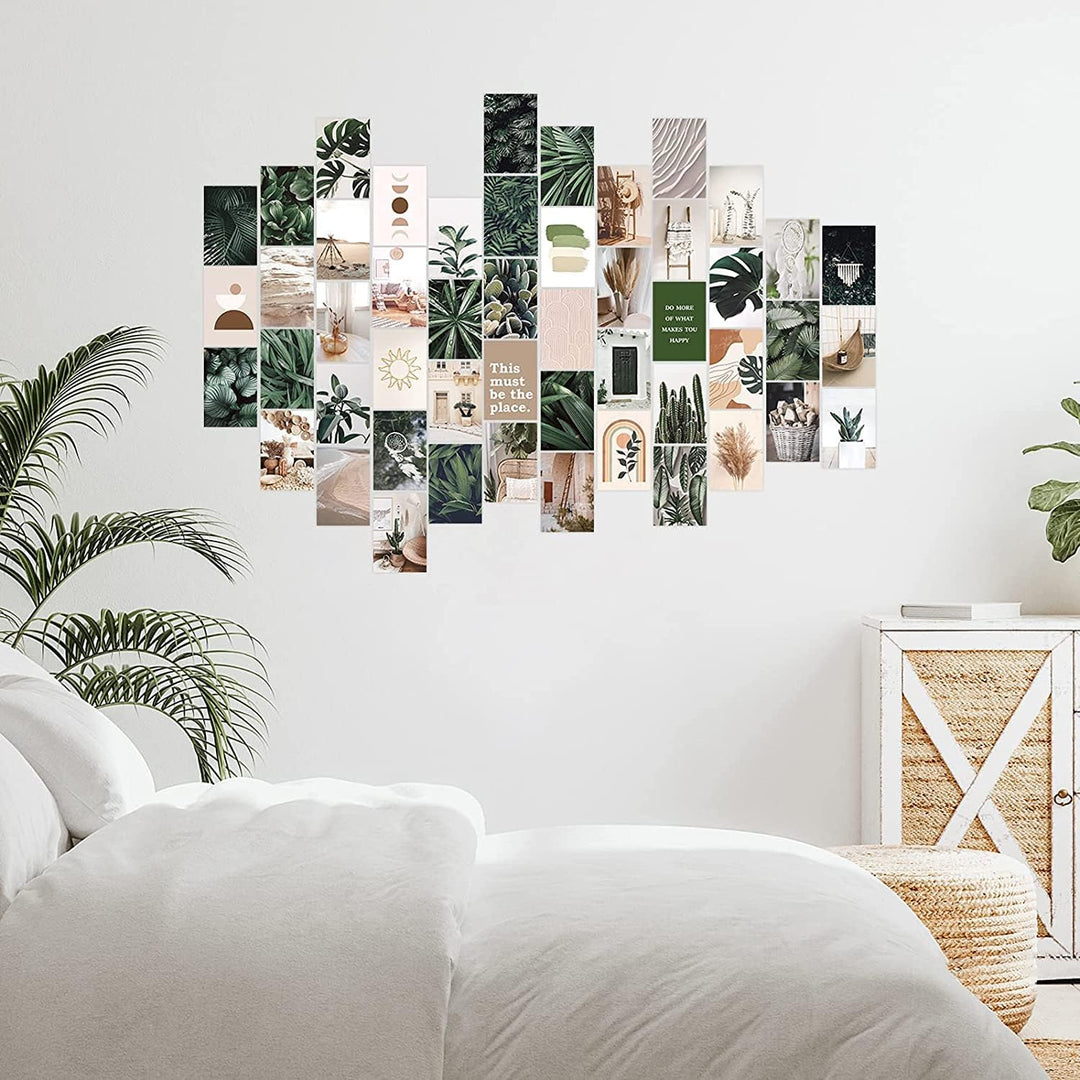 VibeCore Tropical Bohemian Wall Collage Kit on wall in apartment featuring 70 aesthetic prints with tropical boho, earthy tones, and minimalist chic elements. Perfect for boho decor, indie, hippie, soft girl, aesthetic wall decor, and modern apartment styling.
