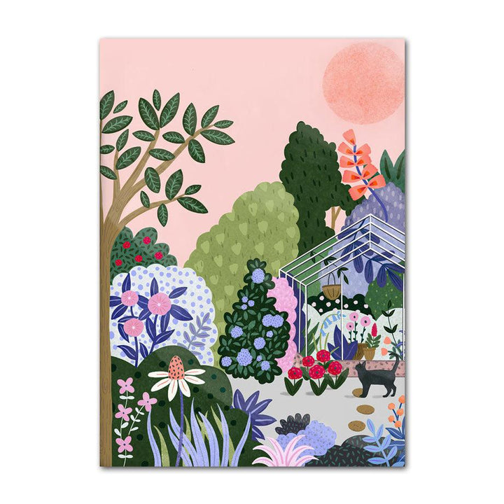 VibeCore Tropical Jungle Canvas Prints Option G: Lush backyard with black cat