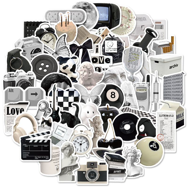 VibeCore Urban Alt Stickers Circular Cluster featuring black and white alternative aesthetic designs. Perfect for laptops, phones, water bottles, edgy, street style, minimalist, bold, cool, urban, removable.