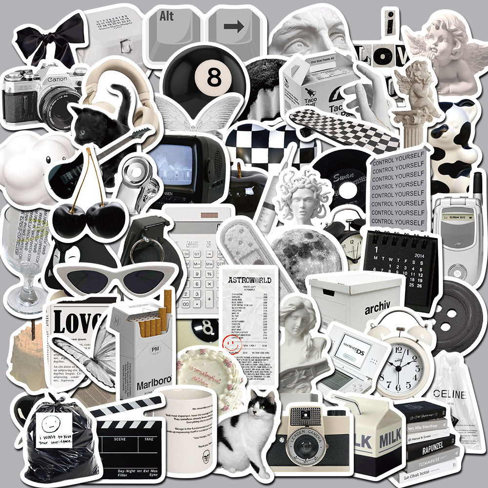 VibeCore Urban Alt Stickers Square Cluster featuring bold black and white alternative aesthetic designs. Ideal for customizing laptops, phones, water bottles, and accessories with an edgy, urban touch.