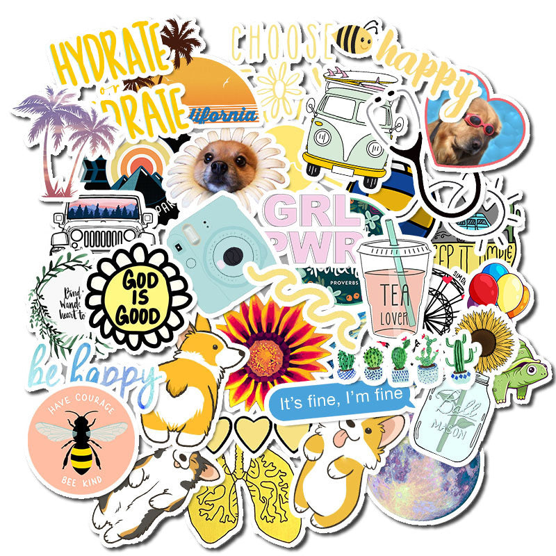 VibeCore VSCO Girl Stickers Circular Cluster featuring 50 trendy, cute, aesthetic stickers for laptops, phones, water bottles, helmets, accessories, customization, fun, good vibes, removable.