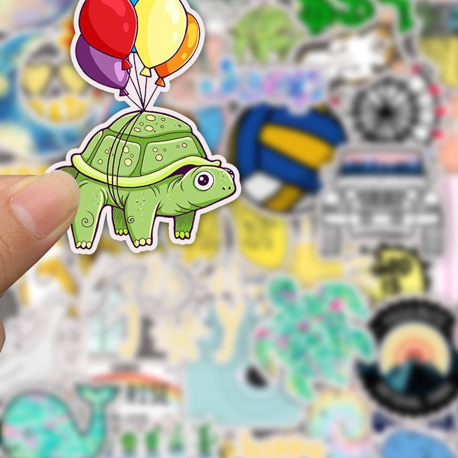 VibeCore VSCO Girl Sticker of a turtle with colorful balloons attached, a playful and aesthetic design to personalize your laptop, phone, or water bottle.
