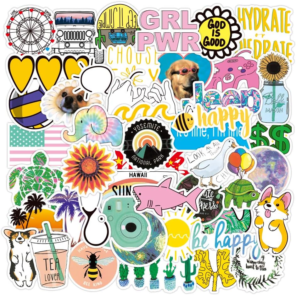 VibeCore VSCO Girl Stickers Square Cluster with 50 trendy, cute, aesthetic stickers for personalizing laptops, phones, water bottles, and accessories. Removable, vibrant, fun.
