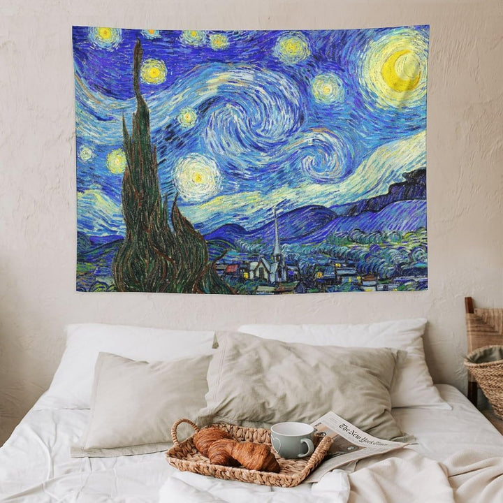 VibeCore Van Gogh Starry Night Tapestry On Wall Behind Bed