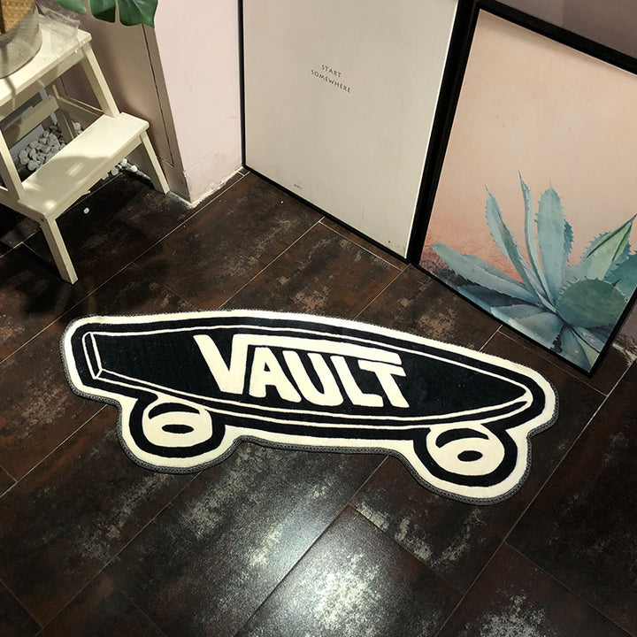 VibeCore Vans Vault Skateboard Accent Rug aerial view, showcasing its bold skate culture design, black and white color scheme, modern aesthetic, and cool vibe. Ideal for streetwear lovers, this small rug adds a unique, playful touch to any bedroom, dorm, or living room decor. Featuring a non-slip backing for safety, this contemporary rug brings a vibrant, urban style to tight spaces while adding comfort and personality to your home. Perfect for those seeking a bold accent piece with a skateboarding twist.
