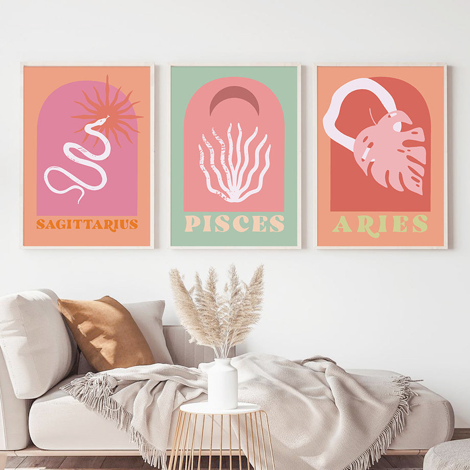 VibeCore Vibrant Zodiac Vibes Canvas Prints Sagittarius Pisces Aries On Wall