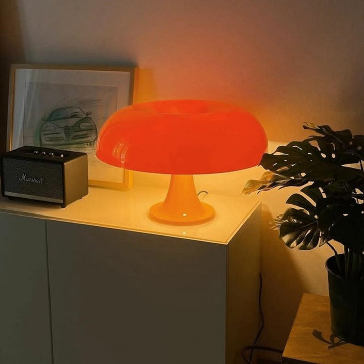 VibeCore Vintage 60s Mushroom Lamp in living room, featuring a sleek acrylic body and stepless dimming, placed on a side table with a cozy ambiance.