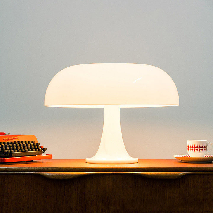 VibeCore Vintage 60s Mushroom Lamp in white, lit up to highlight its retro design and warm, cozy ambiance.