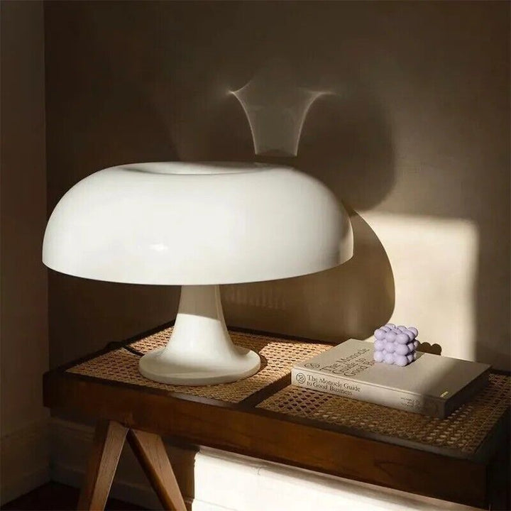 VibeCore Vintage 60s Mushroom Lamp in white on a bedside table, adding a nostalgic and stylish touch to a bedroom decor.