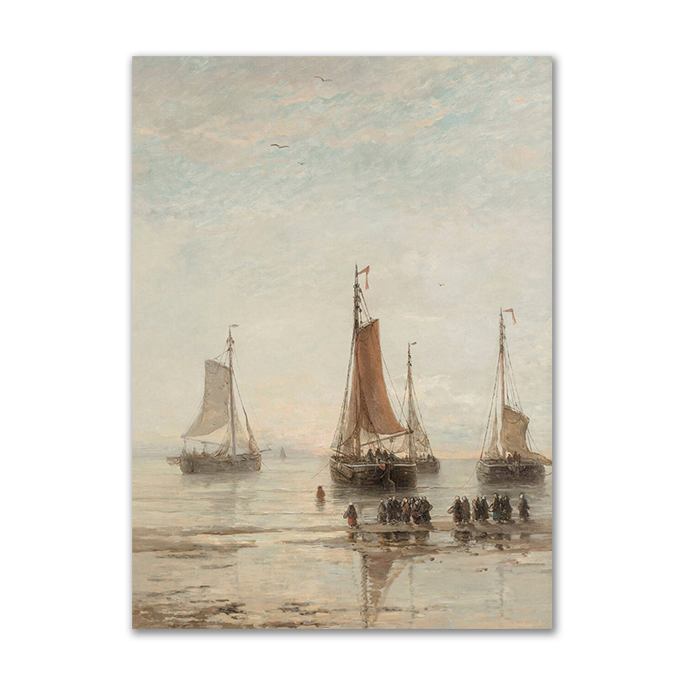VibeCore Vintage European Canvas Prints Option A: Ships close to shore with people walking to beach