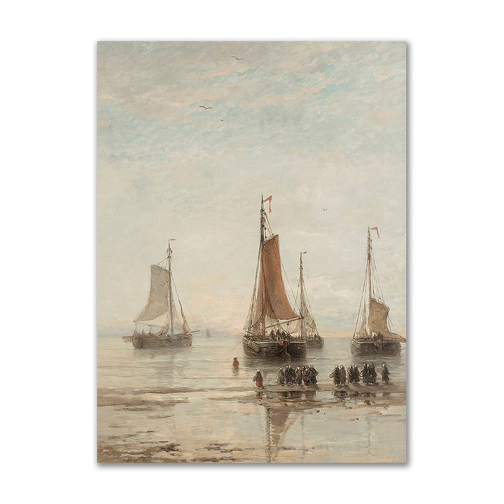 VibeCore Vintage European Canvas Prints Option A: Ships close to shore with people walking to beach
