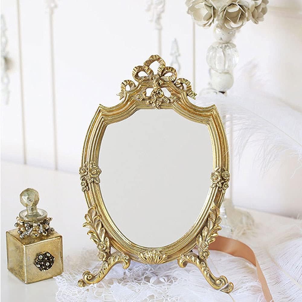 VibeCore Vintage Makeup Mirror showcasing its elegant plum blossom stand and intricate detailing, emphasizing the vintage charm and clear, distortion-free reflection, perfect for makeup application and room decor.
