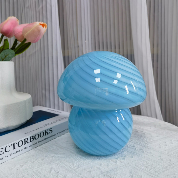 VibeCore Vintage Mushroom Glass Stripe Lamp in aqua blue, featuring a hand-blown striped glass design that creates a soothing, soft glow, adding a retro yet modern touch to any space.