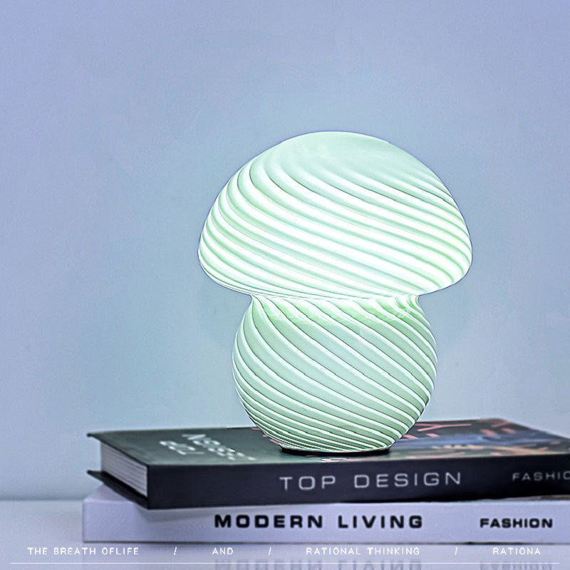 VibeCore Vintage Mushroom Glass Stripe Lamp in pastel green, glowing softly to create a cozy, vintage-inspired ambiance, perfect for any room in need of a calming touch.