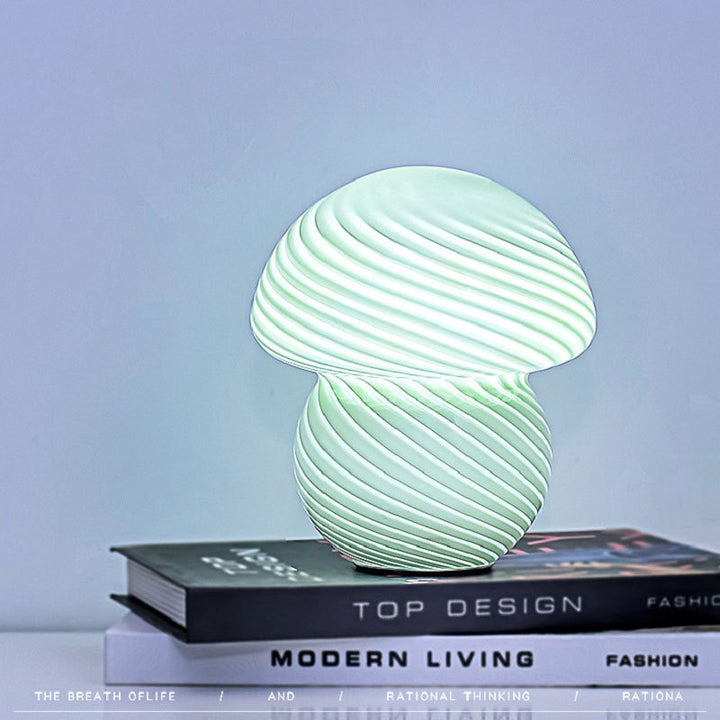 VibeCore Vintage Mushroom Glass Stripe Lamp in pastel green, glowing softly to create a cozy, vintage-inspired ambiance, perfect for any room in need of a calming touch.