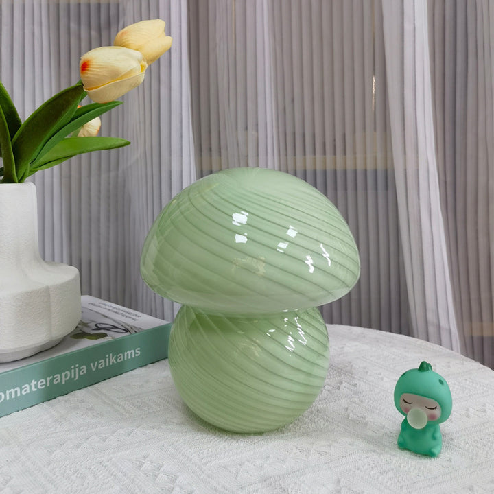 VibeCore Vintage Mushroom Glass Stripe Lamp in pastel green, featuring a hand-blown striped glass design that emits a calming, soft light, perfect for adding a retro touch to any space.
