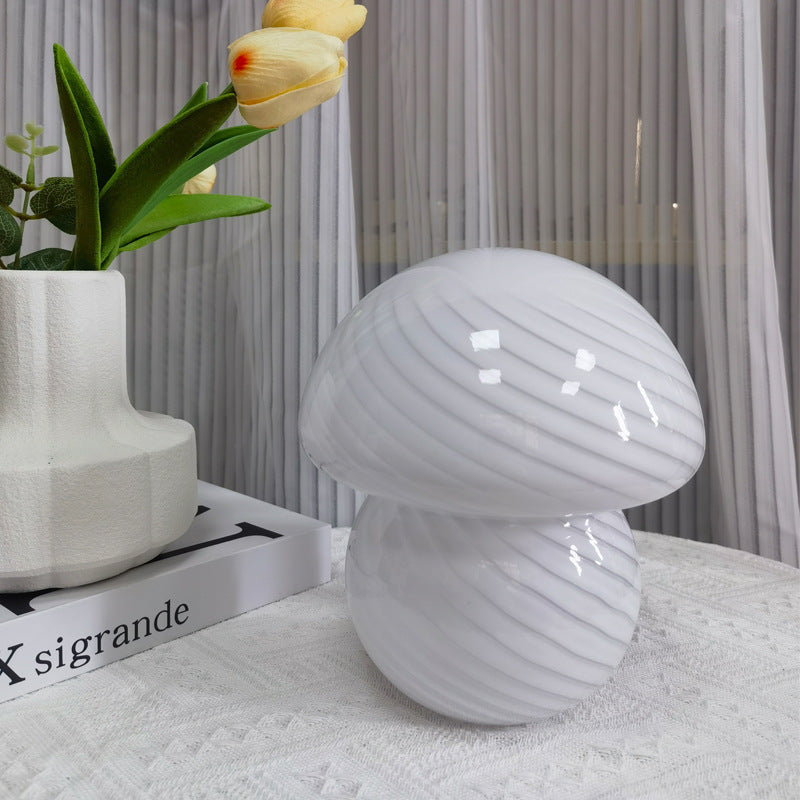 VibeCore Vintage Mushroom Glass Stripe Lamp in white, featuring a sleek hand-blown striped glass design that creates a soft, elegant glow, perfect for any modern or vintage-inspired space.