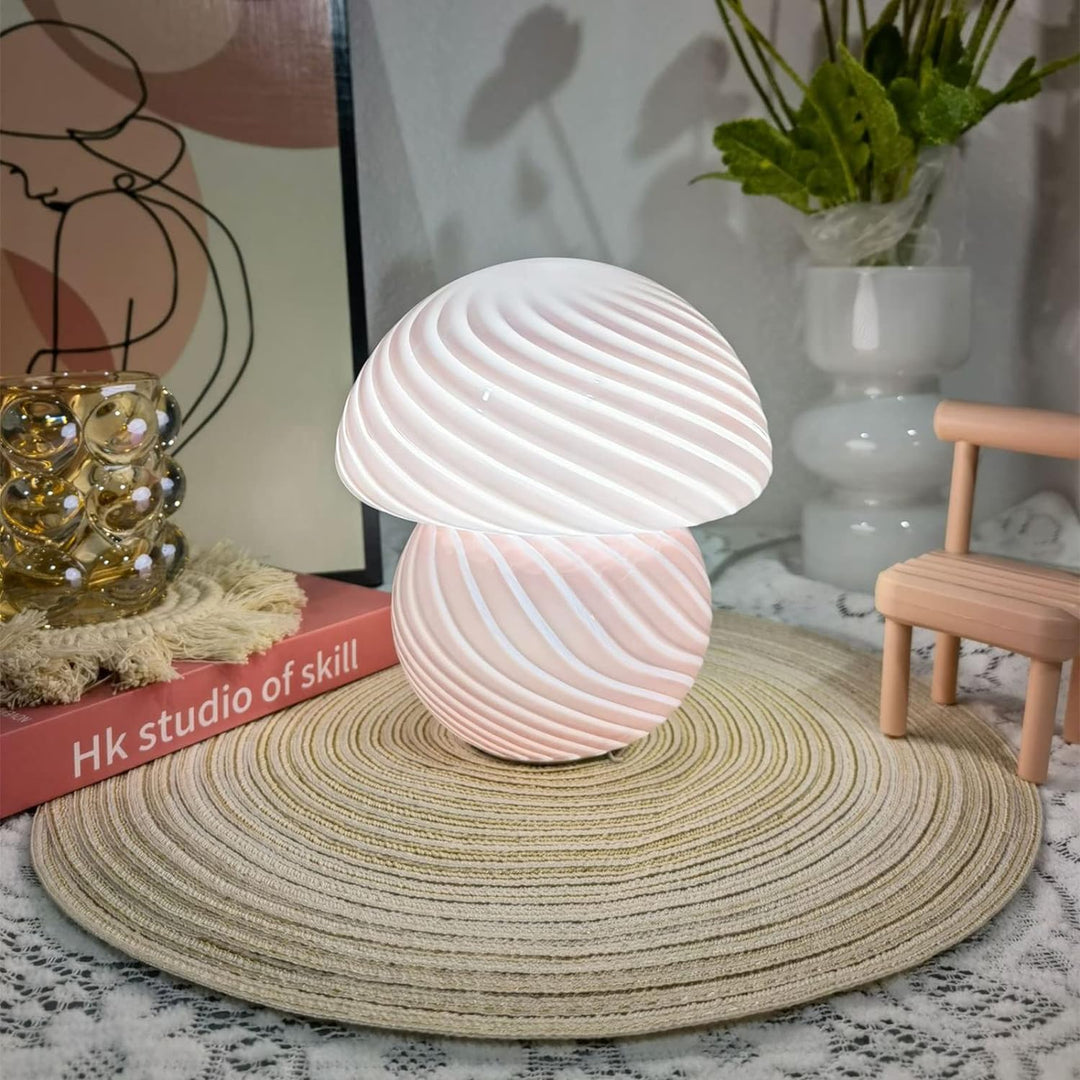 VibeCore Vintage Mushroom Glass Stripe Lamp in white, casting a soft, inviting glow, adding a touch of retro charm to any room with its vintage-inspired design.