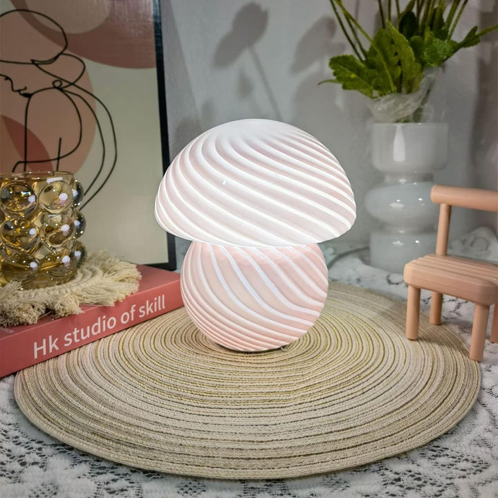 VibeCore Vintage Mushroom Glass Stripe Lamp in white, casting a soft, inviting glow, adding a touch of retro charm to any room with its vintage-inspired design.