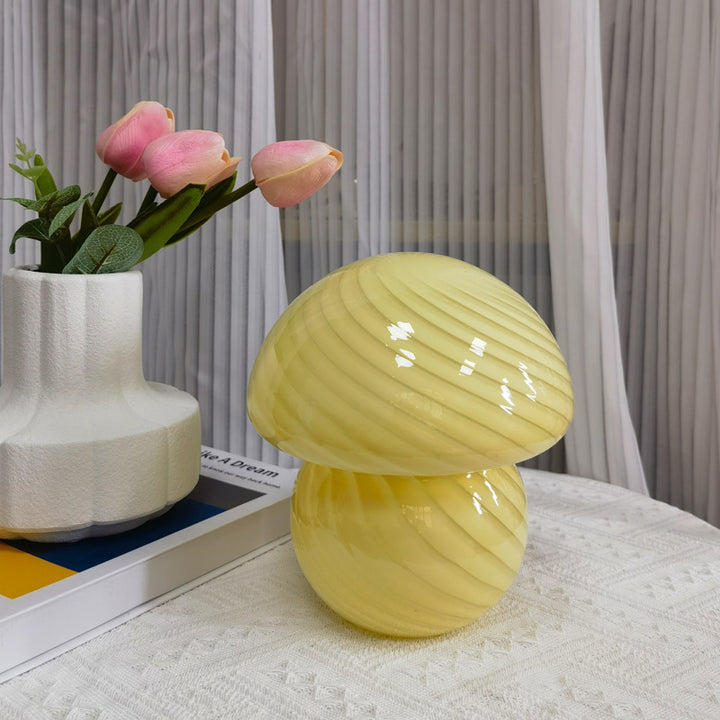 VibeCore Vintage Mushroom Glass Stripe Lamp in sunshine yellow, showcasing a hand-blown striped glass design that radiates a warm, cozy glow, ideal for enhancing any room with a retro-inspired charm.