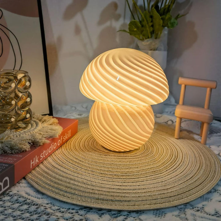 VibeCore Vintage Mushroom Glass Stripe Lamp in yellow, emitting a warm, cozy glow, perfect for adding a touch of retro charm and modern elegance to any space.