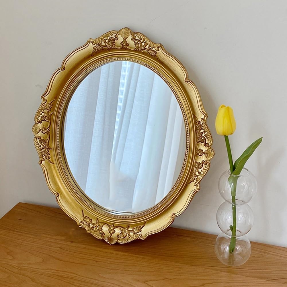 VibeCore Vintage Round Coquette Mirror Gold, double-sided with magnifying and flat mirror options, featuring a vintage resin frame, perfect for coquette and antique aesthetics.