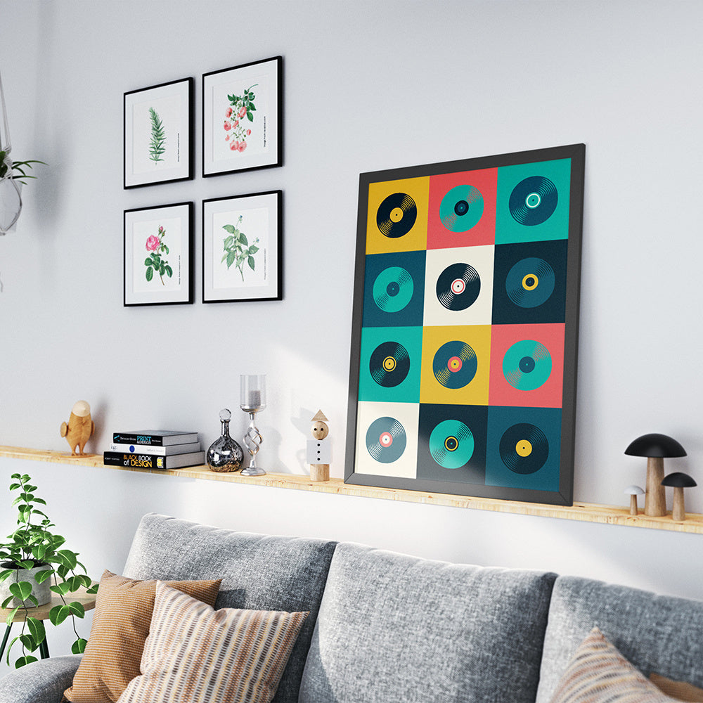 VibeCore Vinyl Canvas Print Framed On Shelf Leaning Against Wall