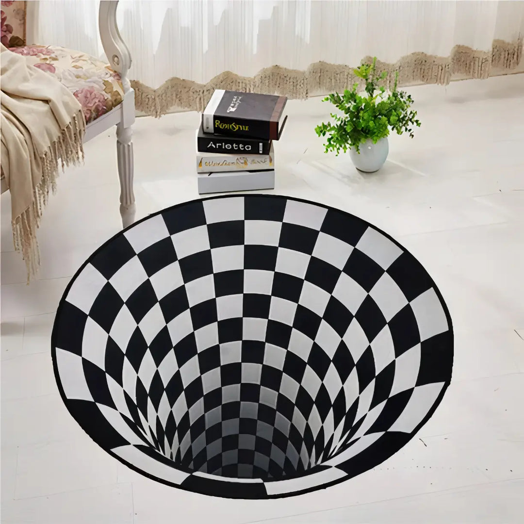 Aerial view of the VibeCore Vortex Optical Illusion Accent Rug showcasing its bold 3D black-and-white design. This trippy rug adds depth, style, and intrigue to any bedroom, dorm, or living room. Perfect as a cute rug or aesthetic rug, it brings a contemporary vibe to your space.