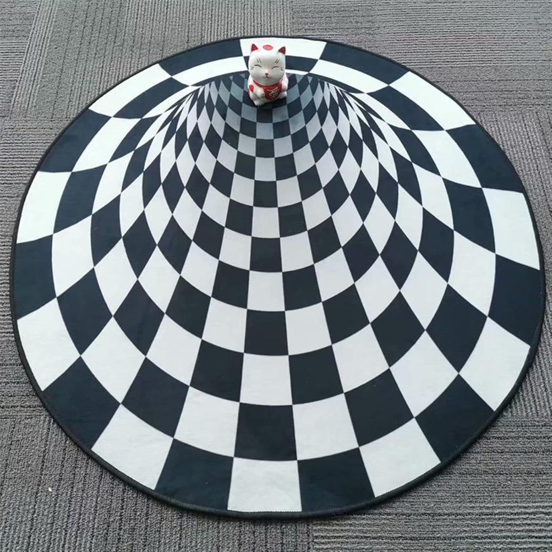 Alternative view of the VibeCore Vortex Optical Illusion Accent Rug showcasing its mesmerizing 3D design. This cute rug adds depth, style, and bold visuals to bedrooms, dorms, or living rooms. Perfect as a trippy rug or unique accent piece for modern spaces.