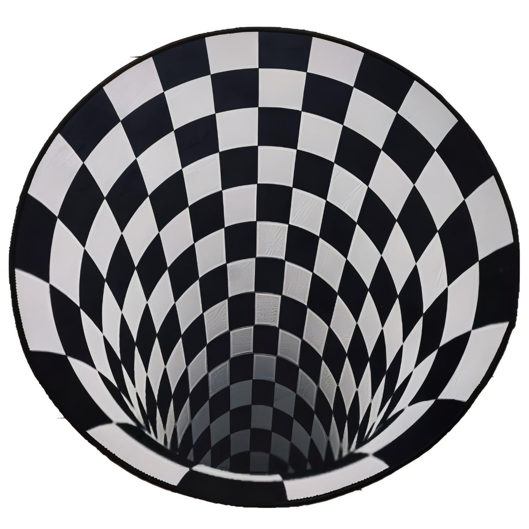 The VibeCore Vortex Optical Illusion Accent Rug in full product view, highlighting its mesmerizing 3D design. This cute rug is ideal for adding a trippy, aesthetic vibe to bedrooms, dorms, or living rooms, with its bold black-and-white pattern and contemporary style.