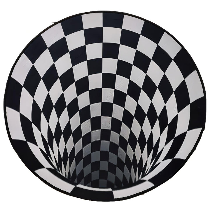 The VibeCore Vortex Optical Illusion Accent Rug in full product view, highlighting its mesmerizing 3D design. This cute rug is ideal for adding a trippy, aesthetic vibe to bedrooms, dorms, or living rooms, with its bold black-and-white pattern and contemporary style.