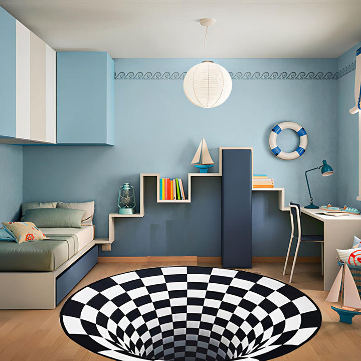 The VibeCore Vortex Optical Illusion Accent Rug in a bedroom setting, creating a bold, trippy focal point. This cute rug adds depth, style, and modern aesthetic vibes. Perfect as a 3D rug for dorms, bedrooms, or living rooms, blending seamlessly into contemporary decor.