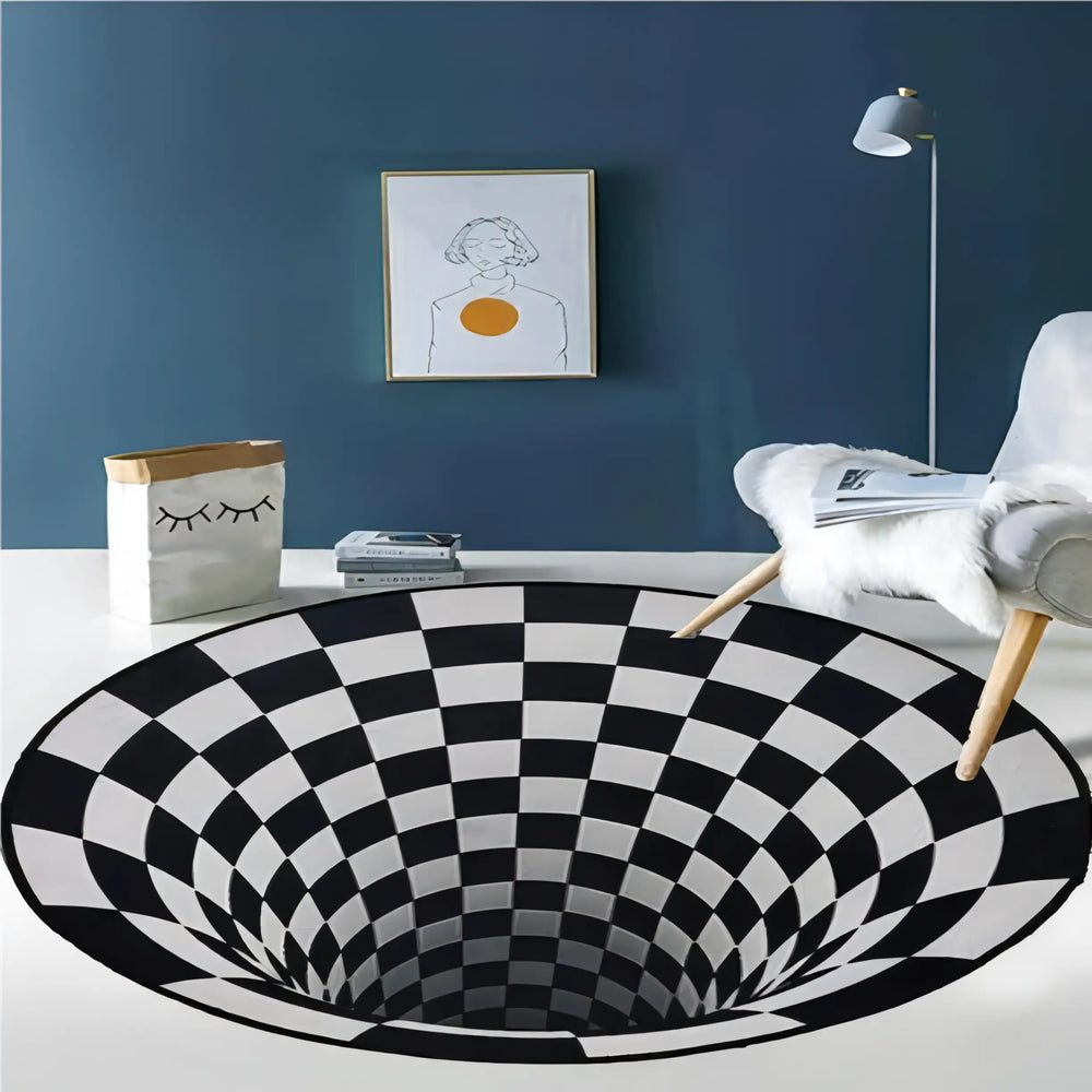 Side view of the VibeCore Vortex Optical Illusion Accent Rug highlighting its plush texture and striking 3D design. This aesthetic rug adds depth, style, and a bold visual effect to any bedroom, dorm, or living room. Perfect as a cute rug, trippy rug, or contemporary accent rug.