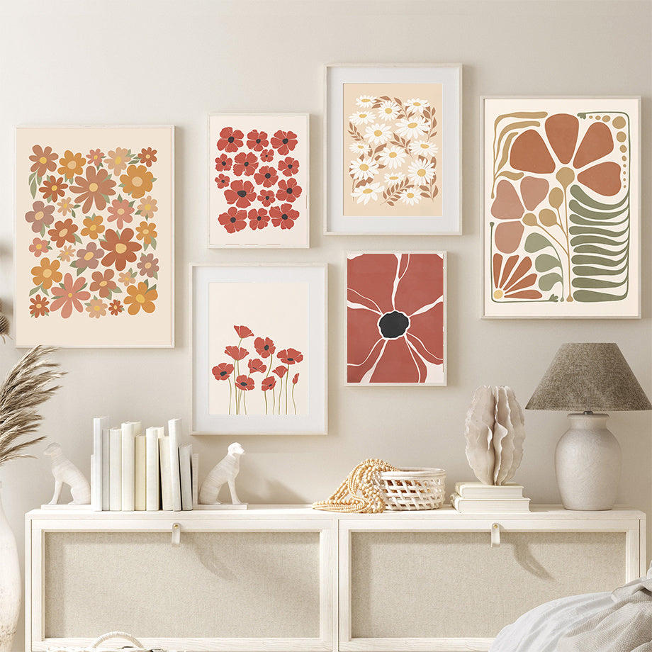 VibeCore Warm Floral Hues Canvas Prints Framed on Wall