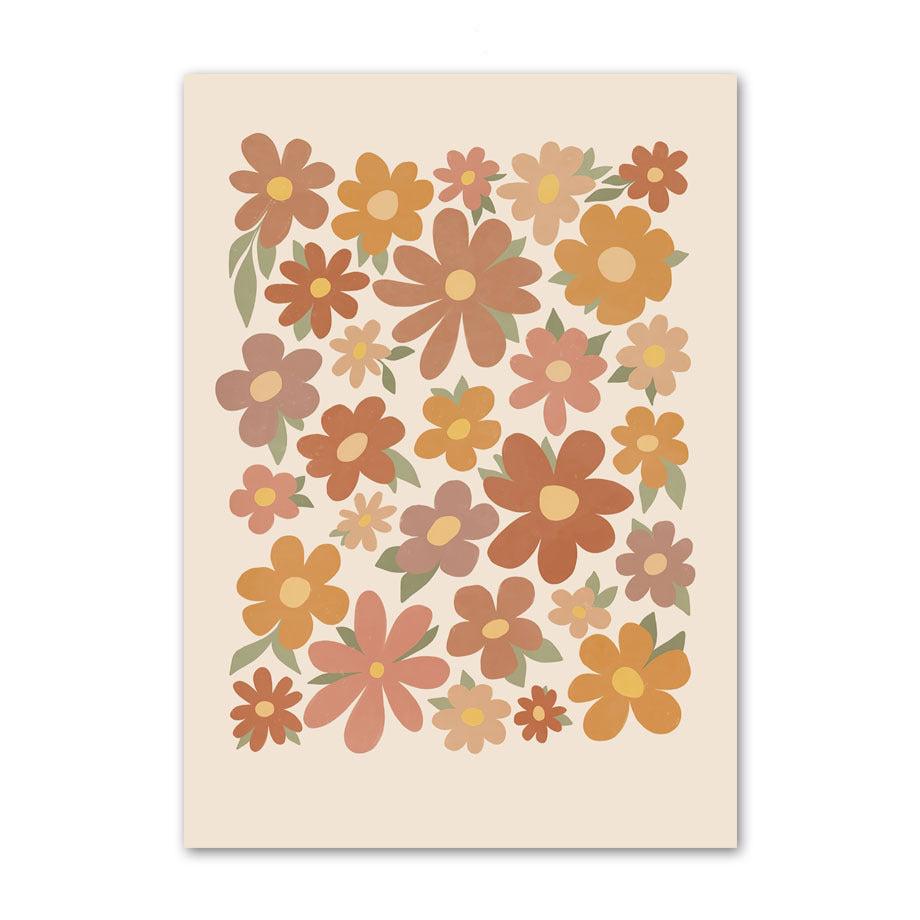 VibeCore Warm Floral Hues Canvas Prints Option A - Warm brown and red florals with green stems on beige background.
