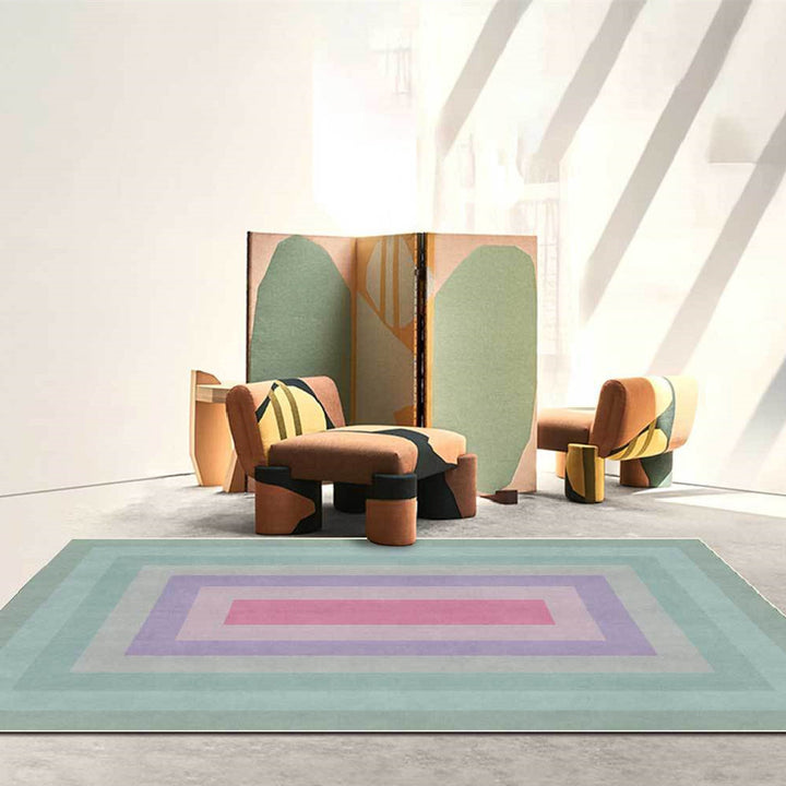 VibeCore Watercolor Gradient Area Rug Turquoise on floor, featuring a beautiful blend of turquoise and soft hues in a gradient design, adding a modern and vibrant touch to any room.