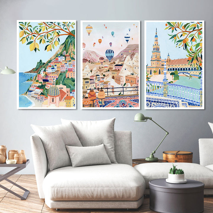 Aesthetic collage of watercolor travel canvas posters showcasing famous cities and landscapes, adding a dreamy, vibrant touch to your wall decor