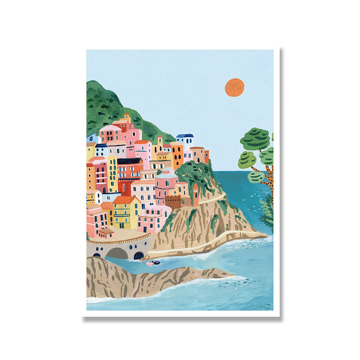 Watercolor canvas poster depicting the stunning coastline and colorful buildings of Cinque Terre, Italy. This vibrant watercolor print brings a serene, Mediterranean vibe to any room, ideal for travel lovers and coastal decor enthusiasts.