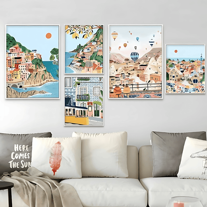Watercolor canvas posters featuring scenic landscapes and iconic cities from destinations like Italy, Spain, Portugal, and Turkey. Soft, artistic designs bring vibrant, dreamy color to any space.