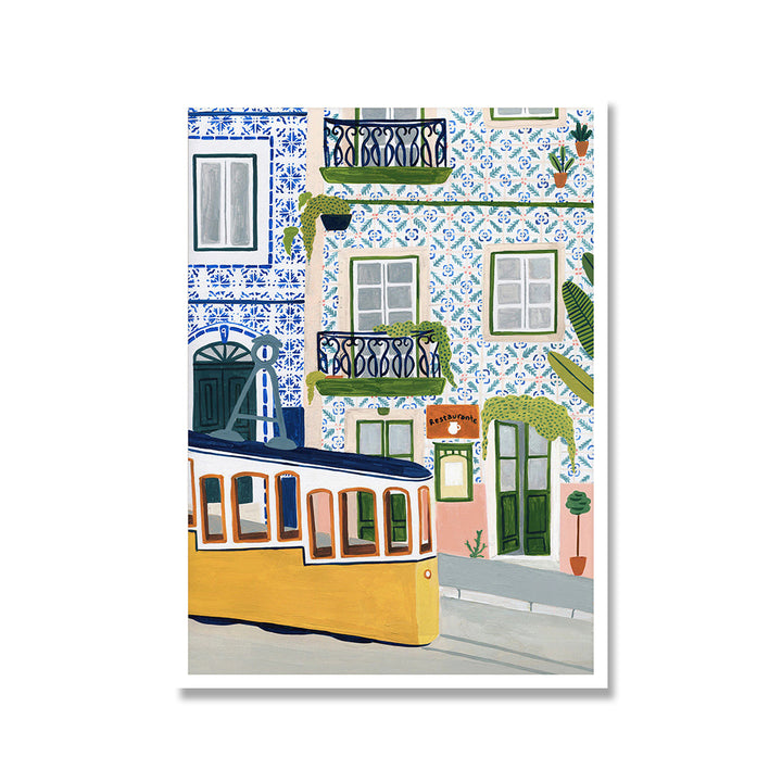 Watercolor travel canvas poster featuring the iconic streets and architecture of Lisbon, Portugal. This pastel-toned watercolor print adds a dreamy, artistic touch to bedroom, dorm, or apartment decor. Perfect for lovers of travel and European landscapes.