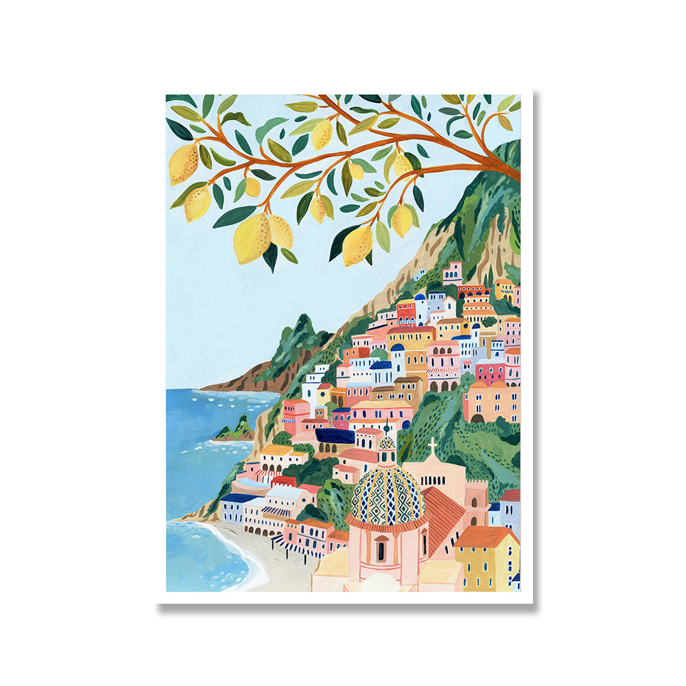 Watercolor canvas poster of Positano, Italy, showcasing its iconic cliffside buildings, colorful rooftops, and stunning Mediterranean views. The soft, pastel hues capture the charm and beauty of this coastal village, bringing a serene and dreamy atmosphere to any room. Ideal for travel lovers and those enchanted by the Amalfi Coast.