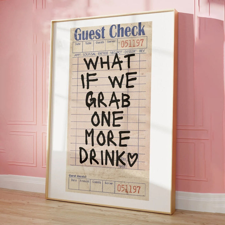 VibeCore 'What If We Grab One More Drink' Canvas Poster angled front view, showcasing a funky retro-inspired design with bold, contemporary handwriting typography. This playful, girly preppy wall art adds personality to your bedroom, dorm, or apartment, bringing fun vibes to any space. Printed on premium cotton canvas with a semigloss finish for lasting vibrancy and style.