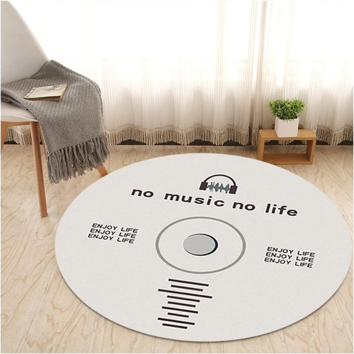 VibeCore White No Music Is Life Accent Rug, alternative aerial view, featuring a simple CD design with bold typography, round minimalist rug, music-inspired decor, modern aesthetic, soft texture, perfect for living room, bedroom, or studio, non-slip backing for safety, adds a unique touch to any space.