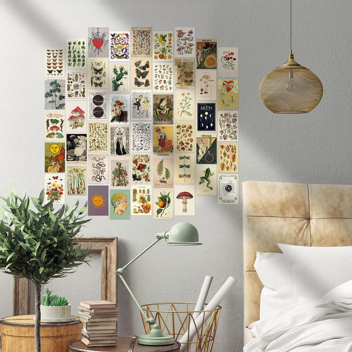 VibeCore Witchcore Wall Collage Kit on bedroom wall featuring 70 enchanting witchcore and nature-inspired prints. Perfect for bedroom decor, mystical vibes, witchy aesthetic, nature-inspired art, and personalized wall styling.