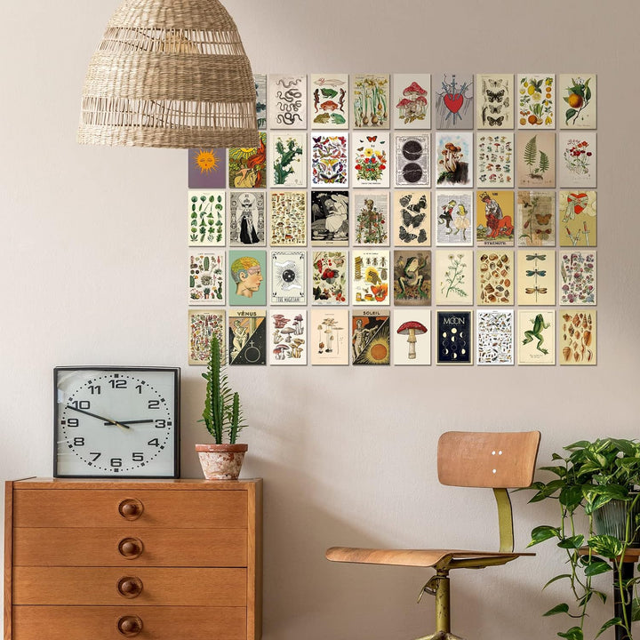 VibeCore Witchcore Wall Collage Kit on wall featuring 70 enchanting witchcore and nature-inspired prints. Perfect for witchy decor, mystical atmosphere, nature-inspired art, dorm room, bedroom, and personalized wall styling.