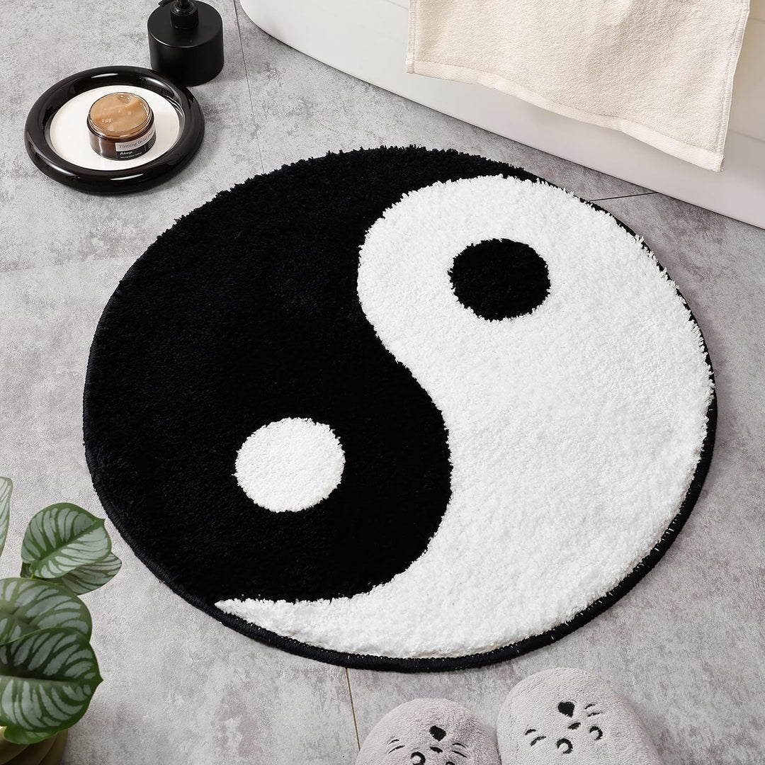 VibeCore Yin Yang Accent Rug Aerial View showcasing its soft, round design. This black and white aesthetic rug adds harmony, zen, balance, and comfort to any room.