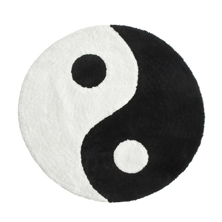 Full product view of VibeCore Yin Yang Accent Rug, featuring its bold black and white design, soft texture, and anti-slip backing. A modern, aesthetic cute rug for any room.