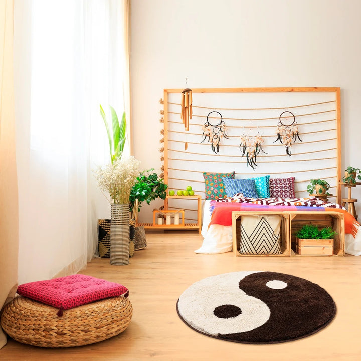 VibeCore Yin Yang Accent Rug in a Boho view, showcasing its black and white design, perfect for adding a harmonious, bohemian touch to bedroom or dorm decor.